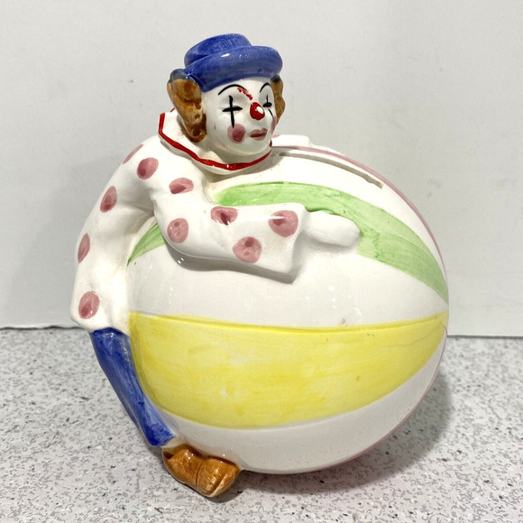 Vintage Collectible Piggy Bank Ceramic Clown on Circus Ball Colorful Whimsical - Picture 8 of 11